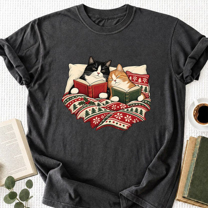 Cozy Cats Reading Under The Christmas Blanket Printed T-Shirt | Reader Gift Dark Heather