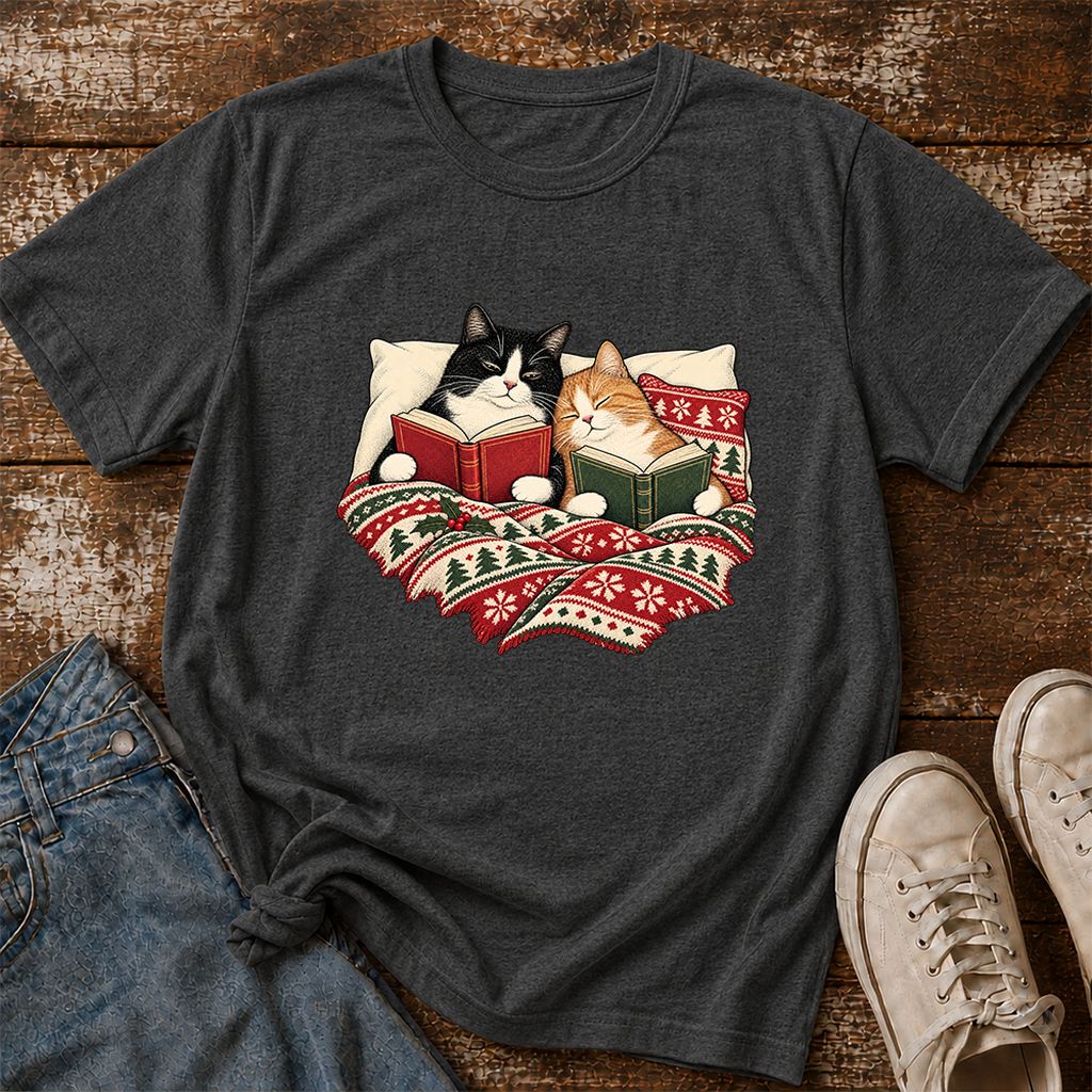 Cozy Cats Reading Under The Christmas Blanket Printed T-Shirt | Reader Gift Dark Heather