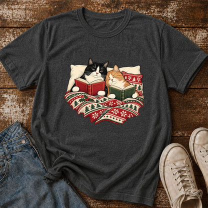 Cozy Cats Reading Under The Christmas Blanket Printed T-Shirt | Reader Gift Dark Heather