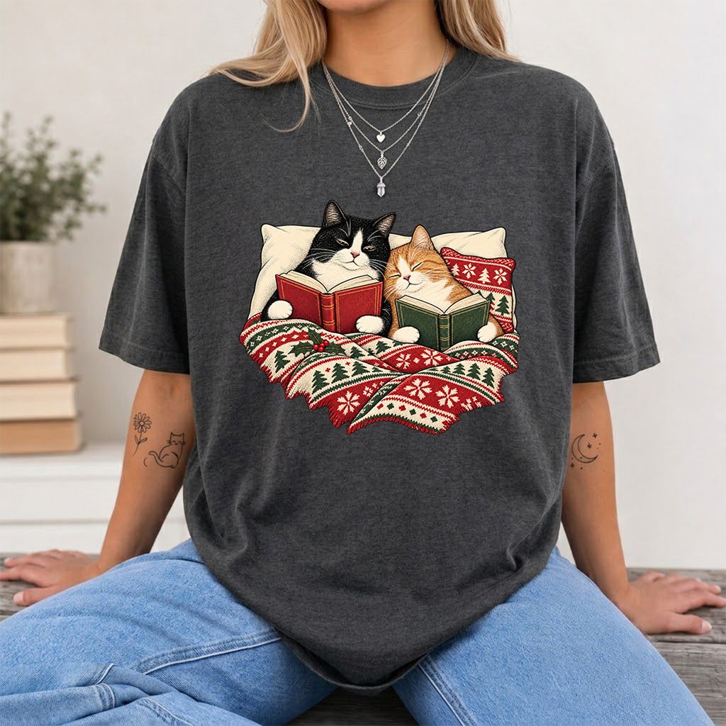 Cozy Cats Reading Under The Christmas Blanket Printed T-Shirt | Reader Gift Dark Heather