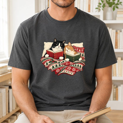 Cozy Cats Reading Under The Christmas Blanket Printed T-Shirt | Reader Gift Dark Heather