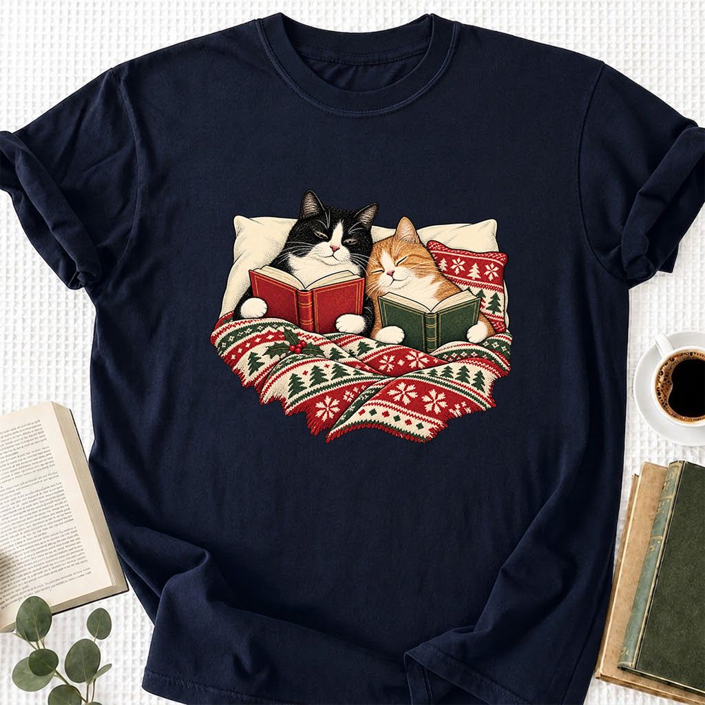 Cozy Cats Reading Under The Christmas Blanket Printed T-Shirt | Reader Gift Navy