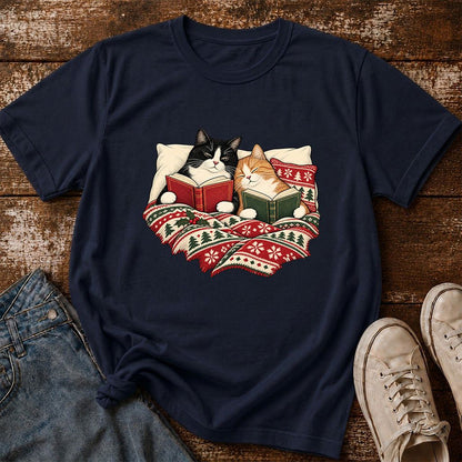 Cozy Cats Reading Under The Christmas Blanket Printed T-Shirt | Reader Gift Navy
