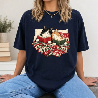 Cozy Cats Reading Under The Christmas Blanket Printed T-Shirt | Reader Gift Navy