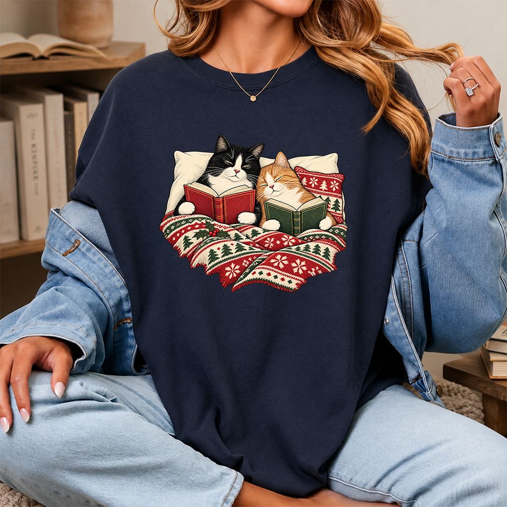 Cozy Cats Reading Under The Christmas Blanket Printed T-Shirt | Reader Gift Navy