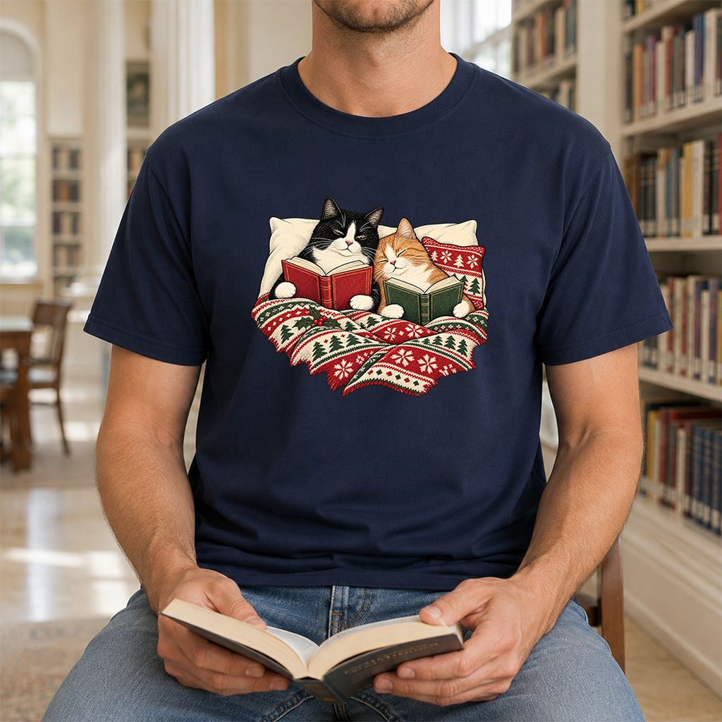 Cozy Cats Reading Under The Christmas Blanket Printed T-Shirt | Reader Gift Navy