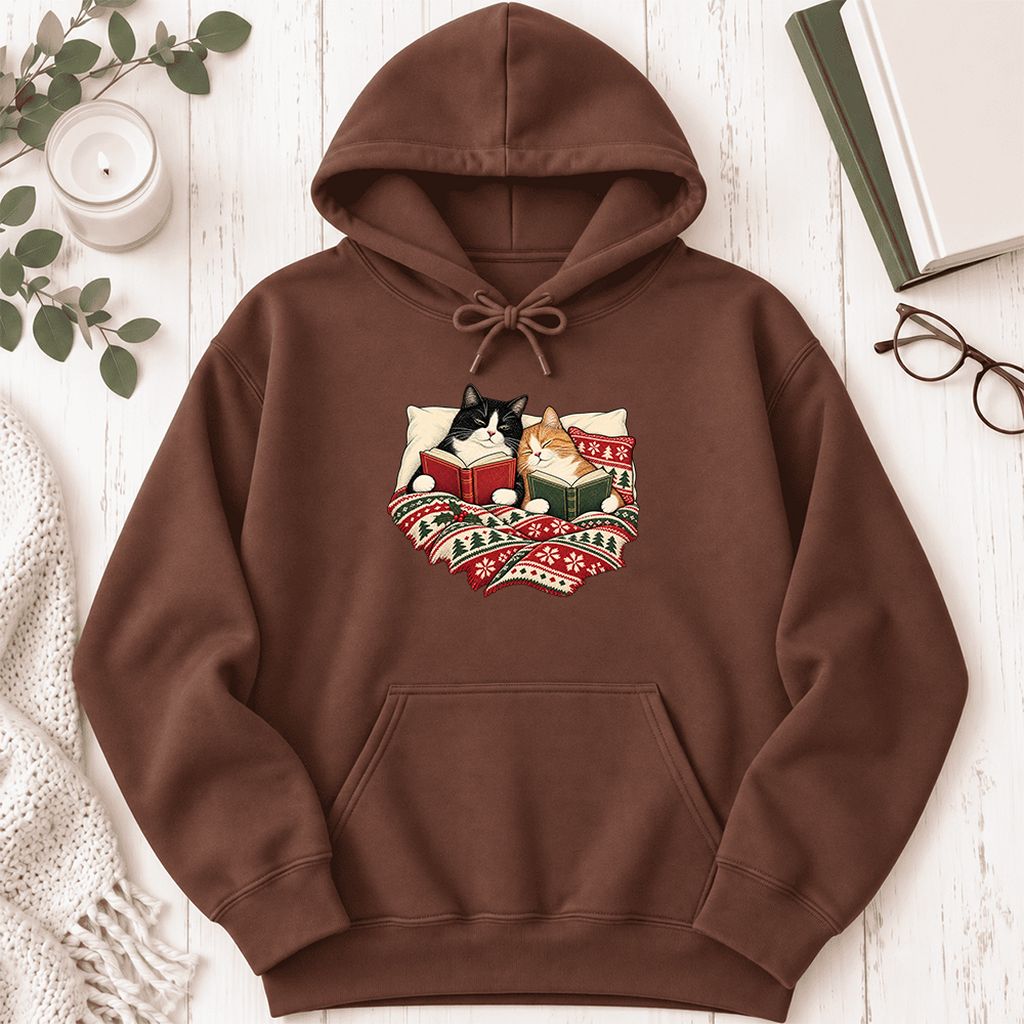 Cozy Cats Reading Under The Christmas Blanket Softstyle Hoodie | Reader Gift Cocoa