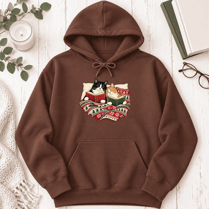 Cozy Cats Reading Under The Christmas Blanket Softstyle Hoodie | Reader Gift Cocoa