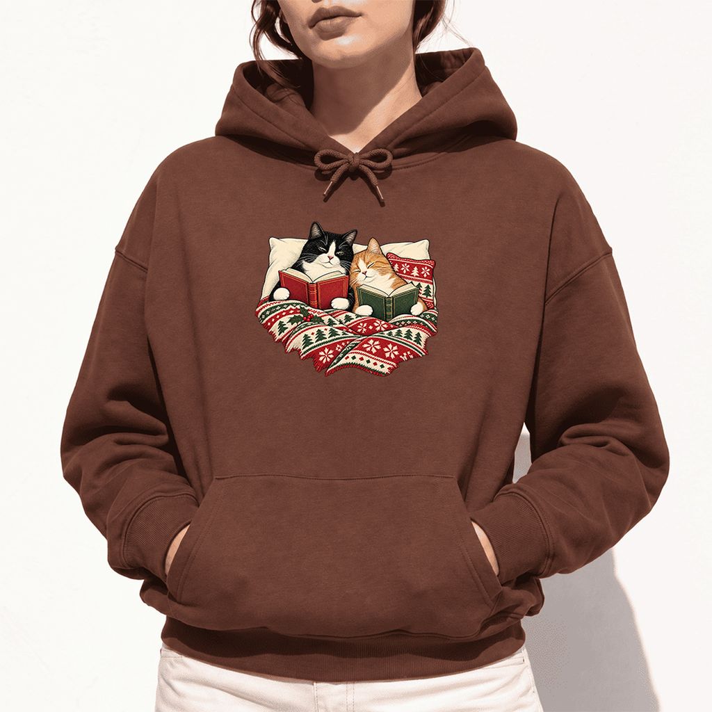 Cozy Cats Reading Under The Christmas Blanket Softstyle Hoodie | Reader Gift Cocoa