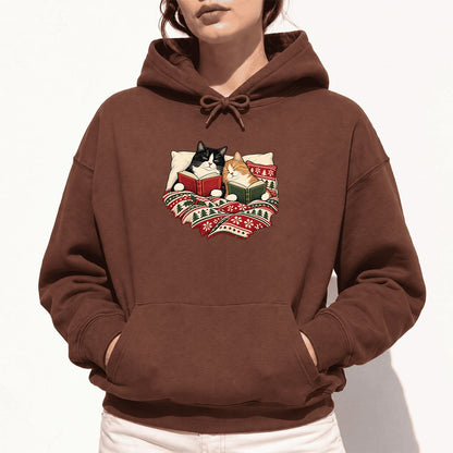 Cozy Cats Reading Under The Christmas Blanket Softstyle Hoodie | Reader Gift Cocoa