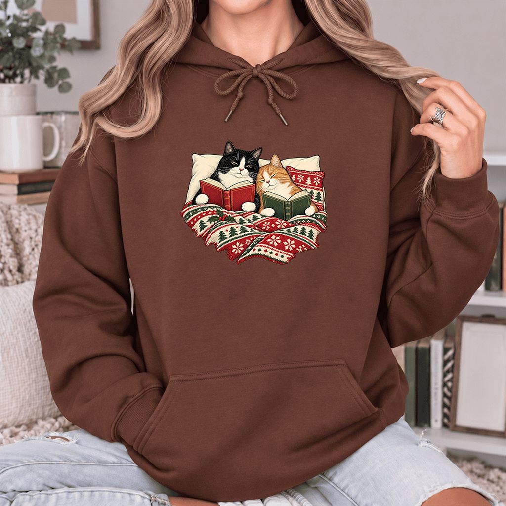 Cozy Cats Reading Under The Christmas Blanket Softstyle Hoodie | Reader Gift Cocoa