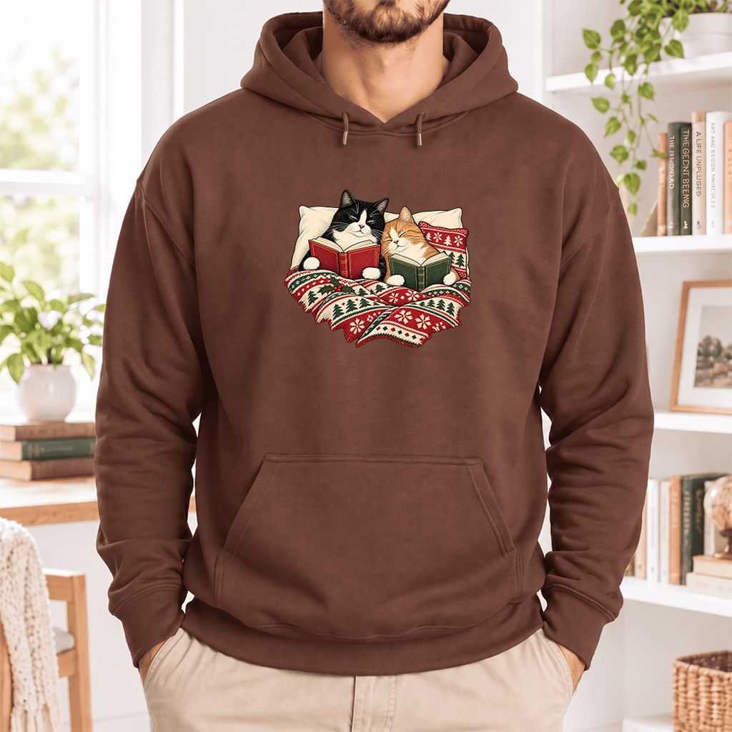 Cozy Cats Reading Under The Christmas Blanket Softstyle Hoodie | Reader Gift Cocoa