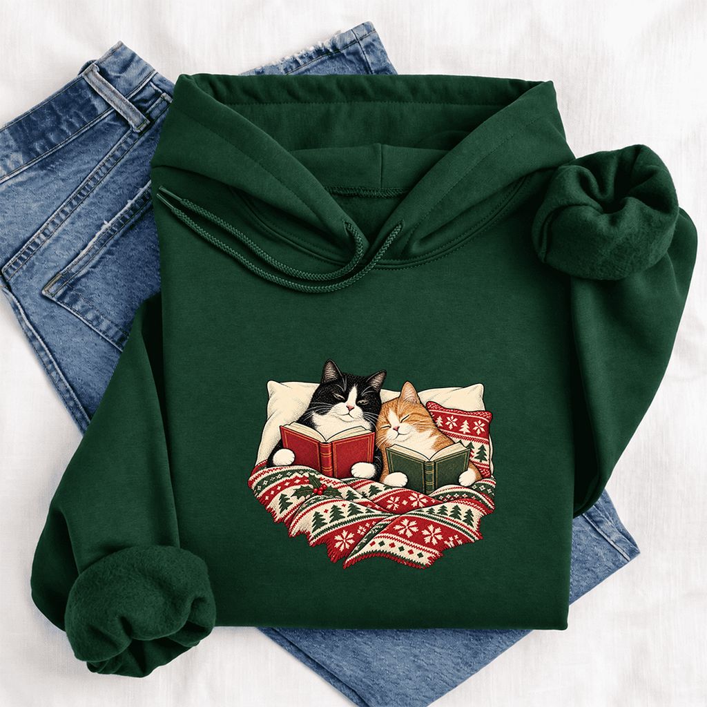 Cozy Cats Reading Under The Christmas Blanket Softstyle Hoodie | Reader Gift Forest Green