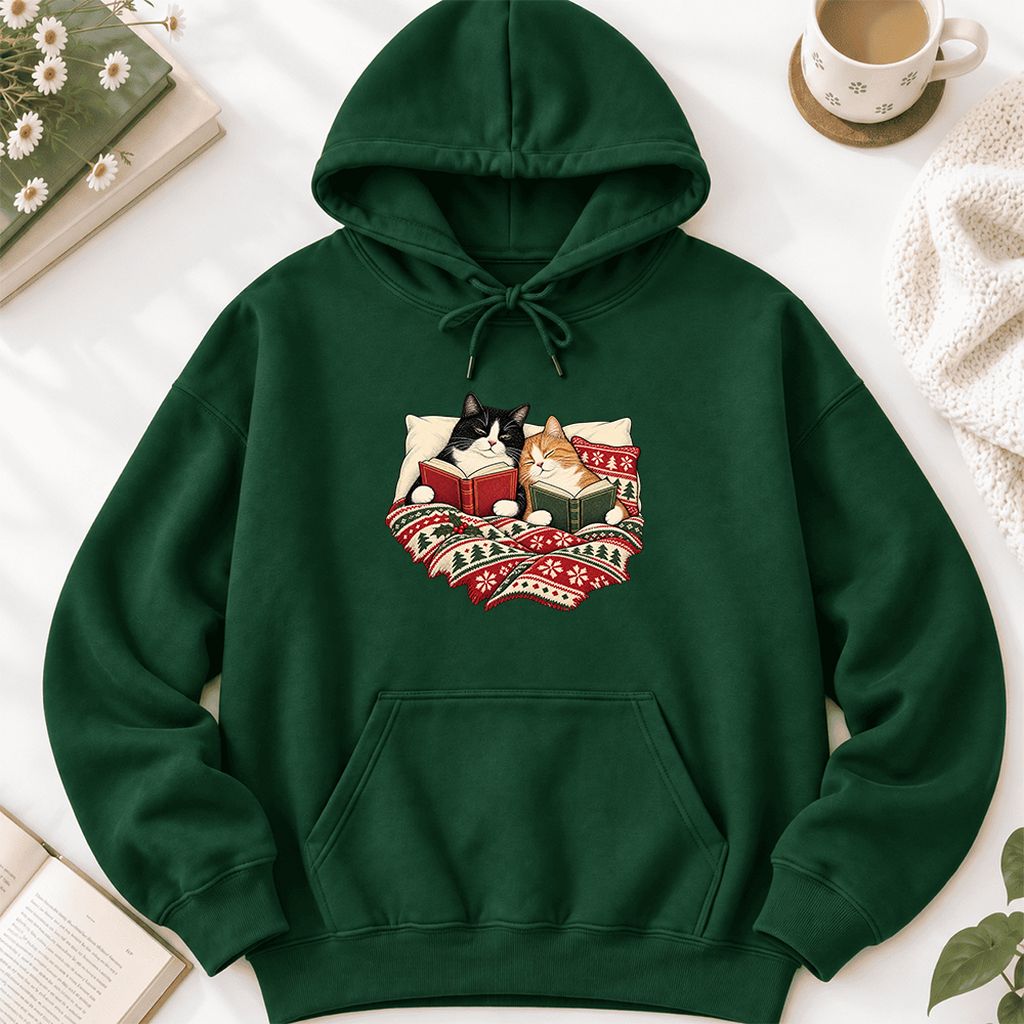 Cozy Cats Reading Under The Christmas Blanket Softstyle Hoodie | Reader Gift Forest Green