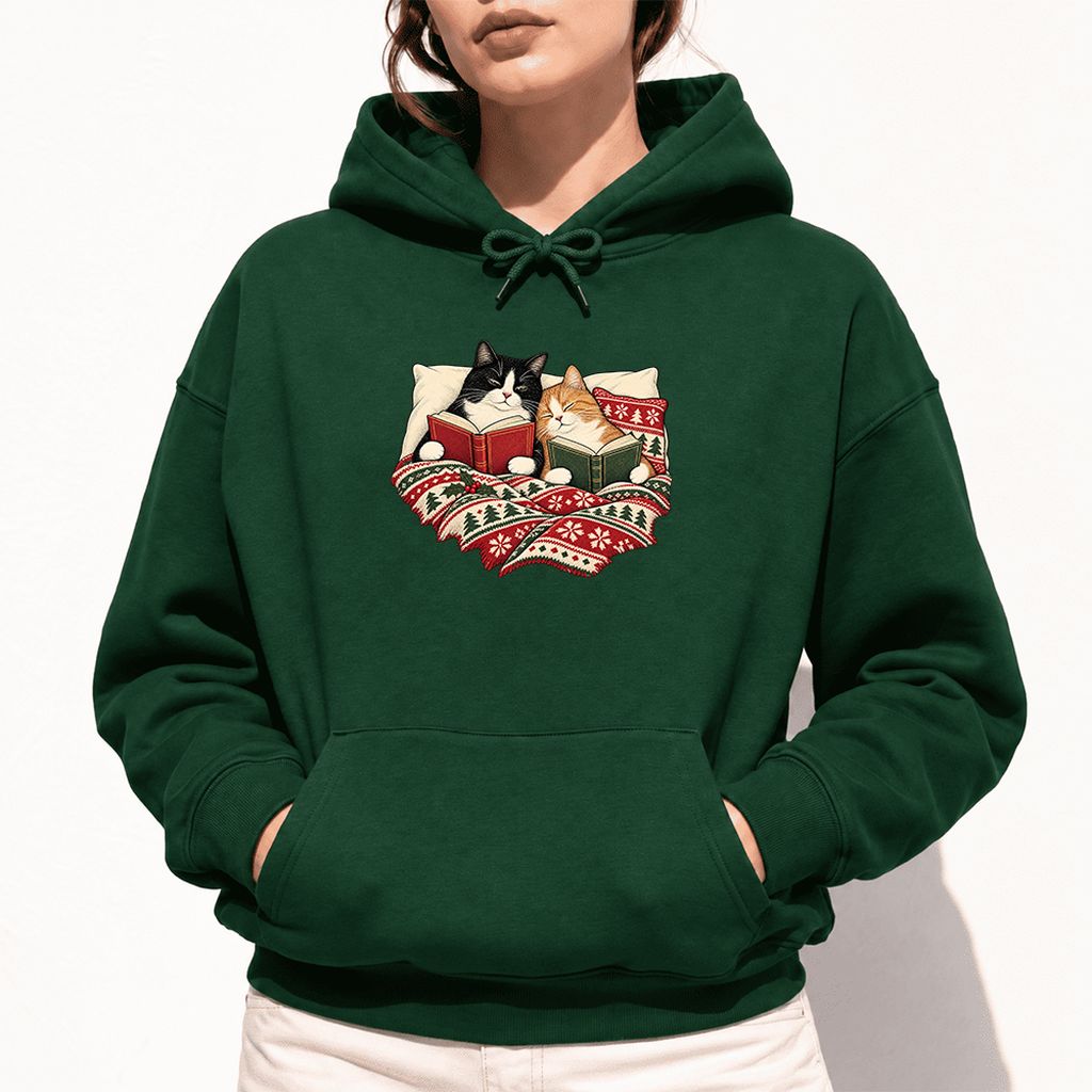 Cozy Cats Reading Under The Christmas Blanket Softstyle Hoodie | Reader Gift Forest Green
