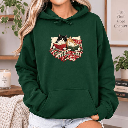 Cozy Cats Reading Under The Christmas Blanket Softstyle Hoodie | Reader Gift Forest Green
