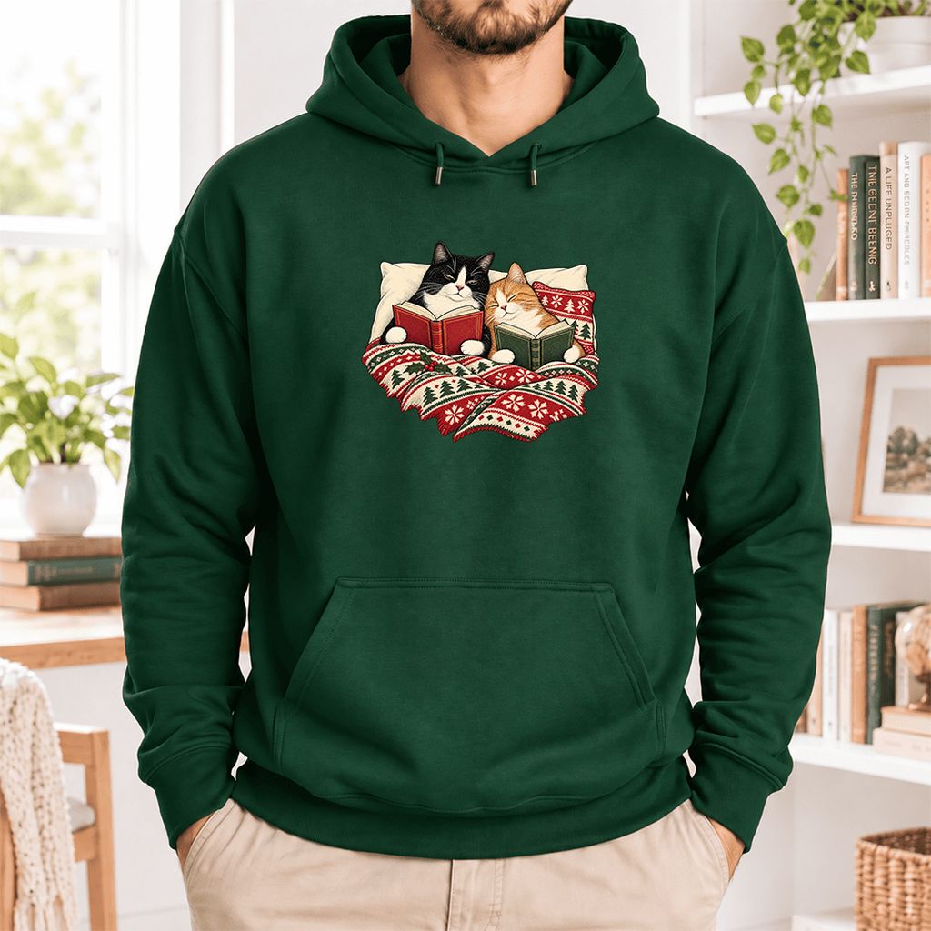 Cozy Cats Reading Under The Christmas Blanket Softstyle Hoodie | Reader Gift Forest Green
