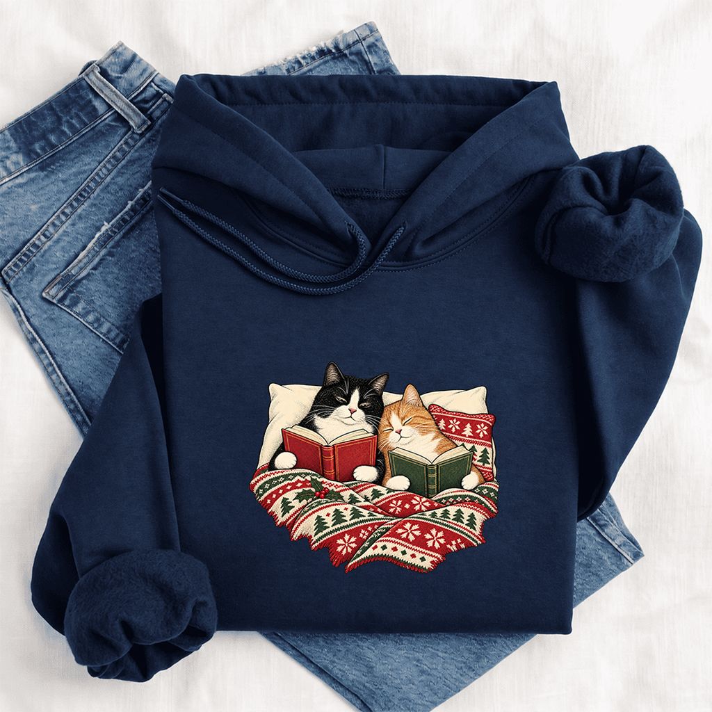 Cozy Cats Reading Under The Christmas Blanket Softstyle Hoodie | Reader Gift Navy