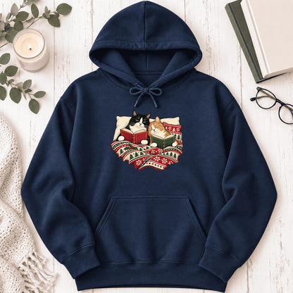Cozy Cats Reading Under The Christmas Blanket Softstyle Hoodie | Reader Gift Navy