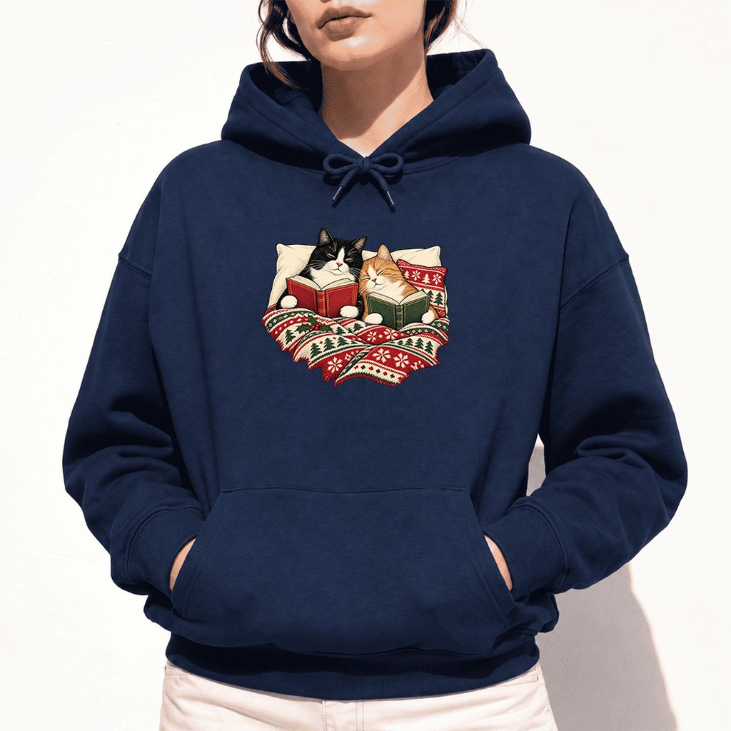 Cozy Cats Reading Under The Christmas Blanket Softstyle Hoodie | Reader Gift Navy