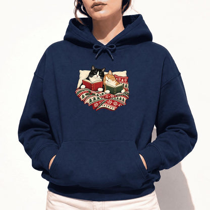 Cozy Cats Reading Under The Christmas Blanket Softstyle Hoodie | Reader Gift Navy