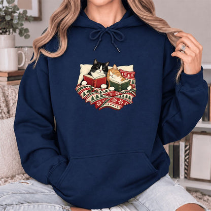 Cozy Cats Reading Under The Christmas Blanket Softstyle Hoodie | Reader Gift Navy