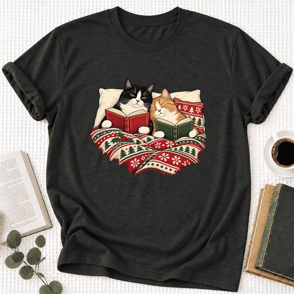 Cozy Cats Reading Christmas Ultra-Soft Cotton T-Shirt | Christmas Reader Gift Black Heather