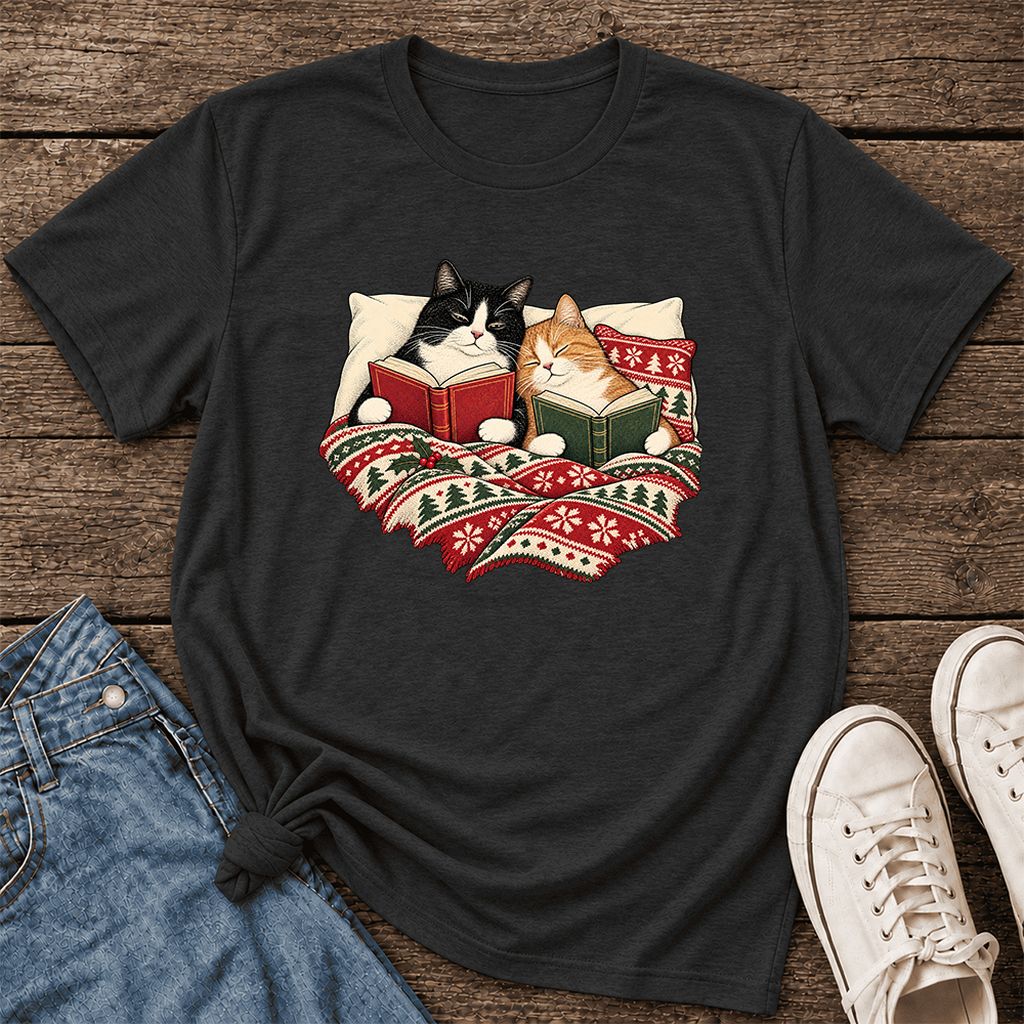 Cozy Cats Reading Christmas Ultra-Soft Cotton T-Shirt | Christmas Reader Gift Black Heather