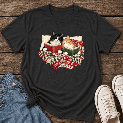 Cozy Cats Reading Christmas Ultra-Soft Cotton T-Shirt | Christmas Reader Gift Black Heather