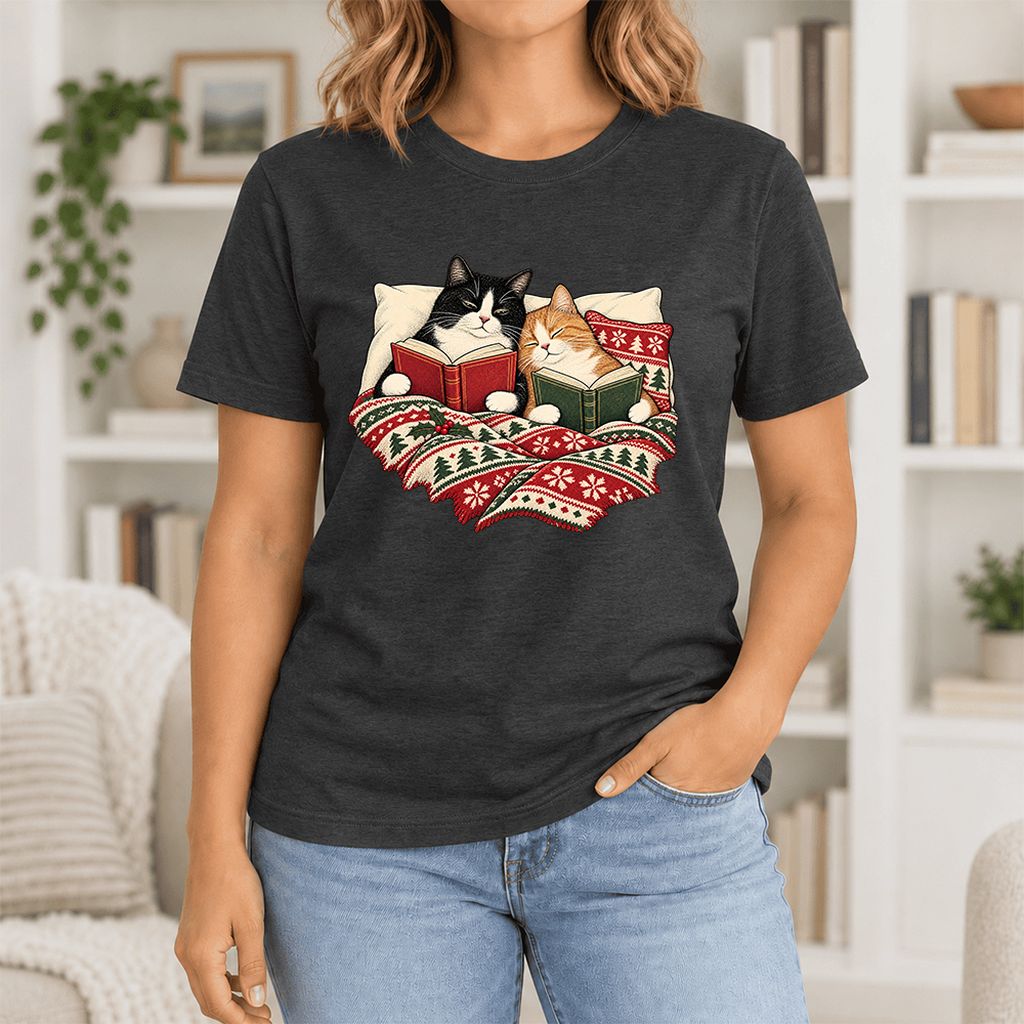 Cozy Cats Reading Christmas Ultra-Soft Cotton T-Shirt | Christmas Reader Gift Black Heather