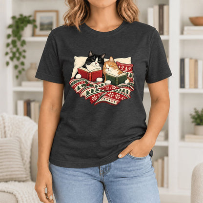 Cozy Cats Reading Christmas Ultra-Soft Cotton T-Shirt | Christmas Reader Gift Black Heather