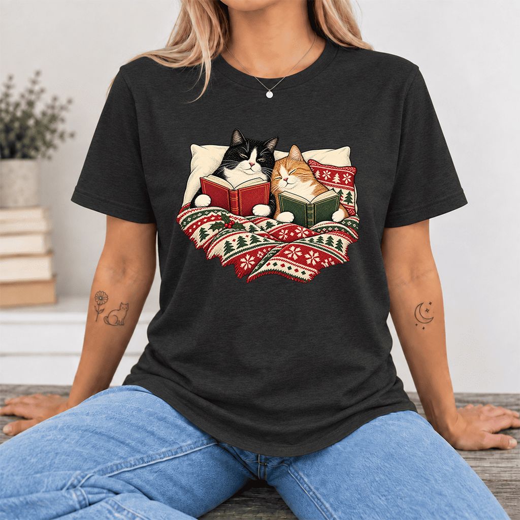 Cozy Cats Reading Christmas Ultra-Soft Cotton T-Shirt | Christmas Reader Gift Black Heather