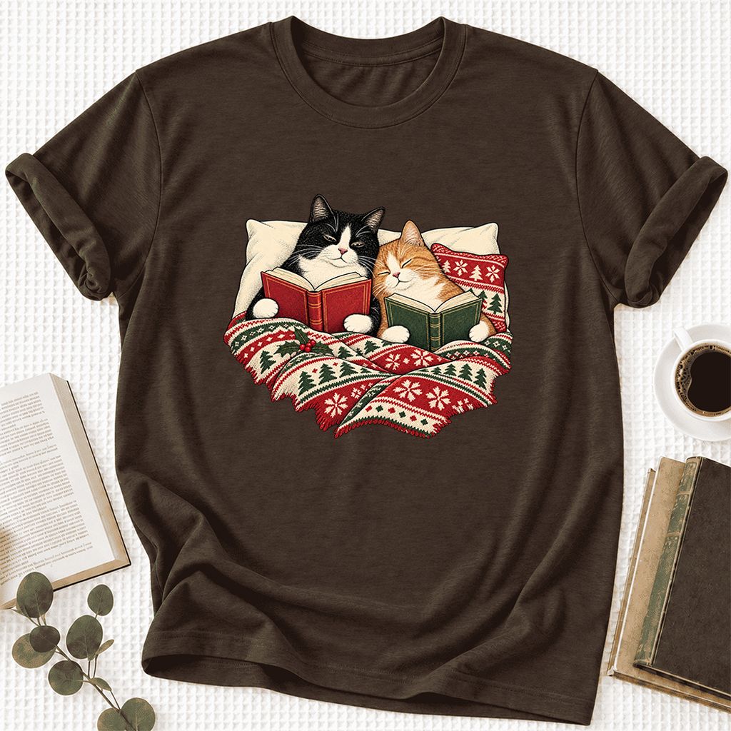 Cozy Cats Reading Christmas Ultra-Soft Cotton T-Shirt | Christmas Reader Gift Brown