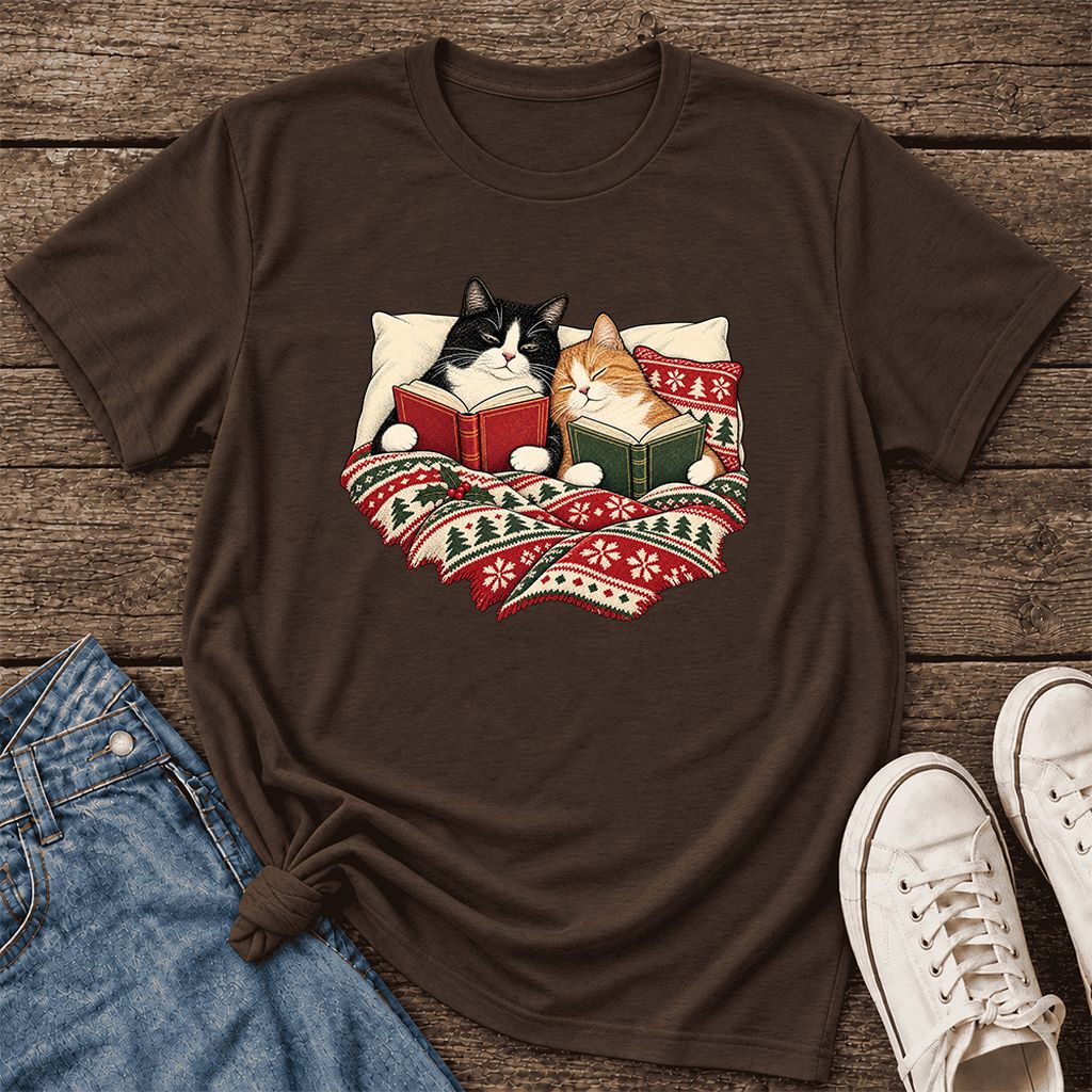 Cozy Cats Reading Christmas Ultra-Soft Cotton T-Shirt | Christmas Reader Gift Brown
