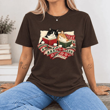 Cozy Cats Reading Christmas Ultra-Soft Cotton T-Shirt | Christmas Reader Gift Brown