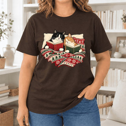 Cozy Cats Reading Christmas Ultra-Soft Cotton T-Shirt | Christmas Reader Gift Brown
