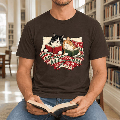 Cozy Cats Reading Christmas Ultra-Soft Cotton T-Shirt | Christmas Reader Gift Brown