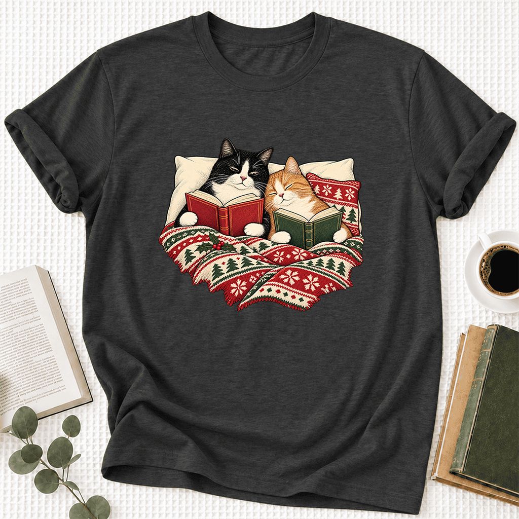 Cozy Cats Reading Christmas Ultra-Soft Cotton T-Shirt | Christmas Reader Gift Dark Grey Heather