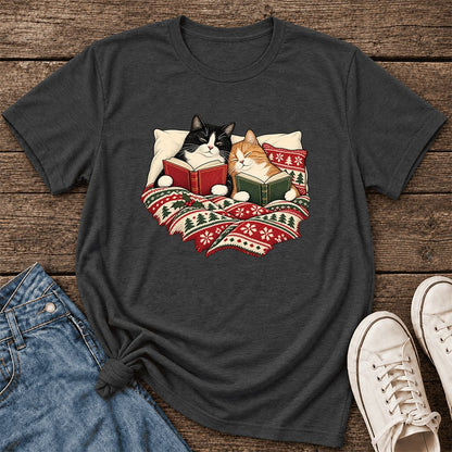 Cozy Cats Reading Christmas Ultra-Soft Cotton T-Shirt | Christmas Reader Gift Dark Grey Heather
