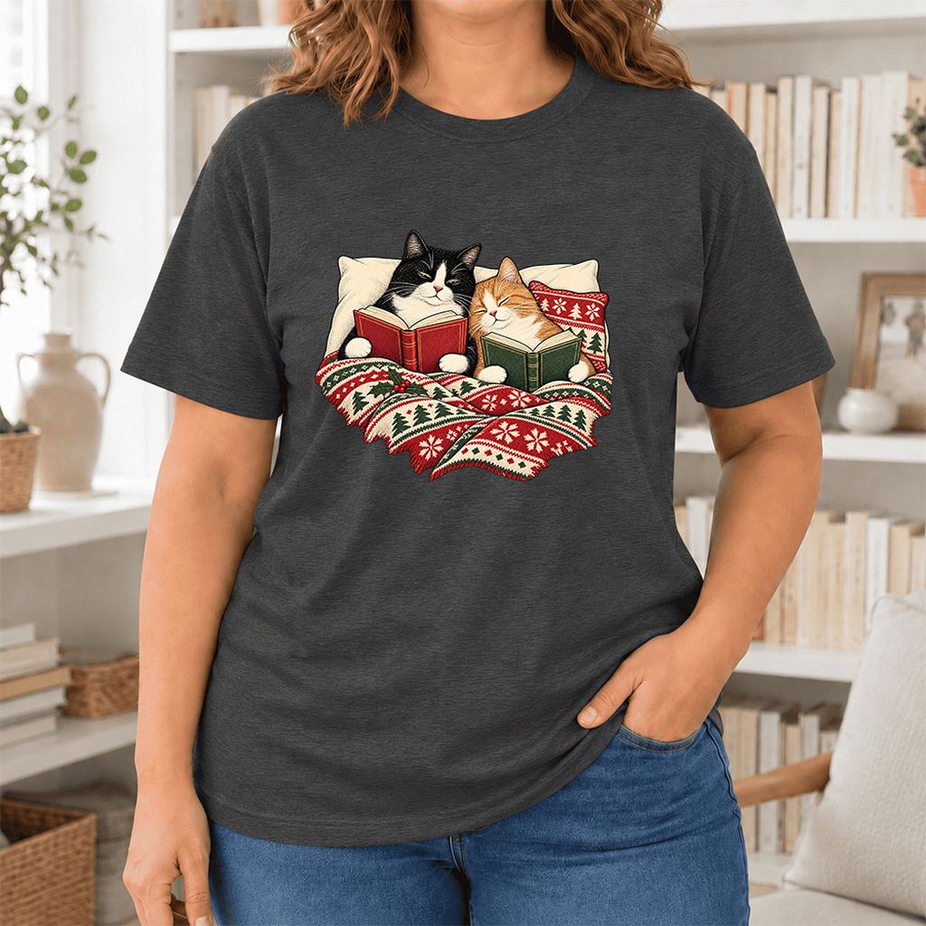 Cozy Cats Reading Christmas Ultra-Soft Cotton T-Shirt | Christmas Reader Gift Dark Grey Heather