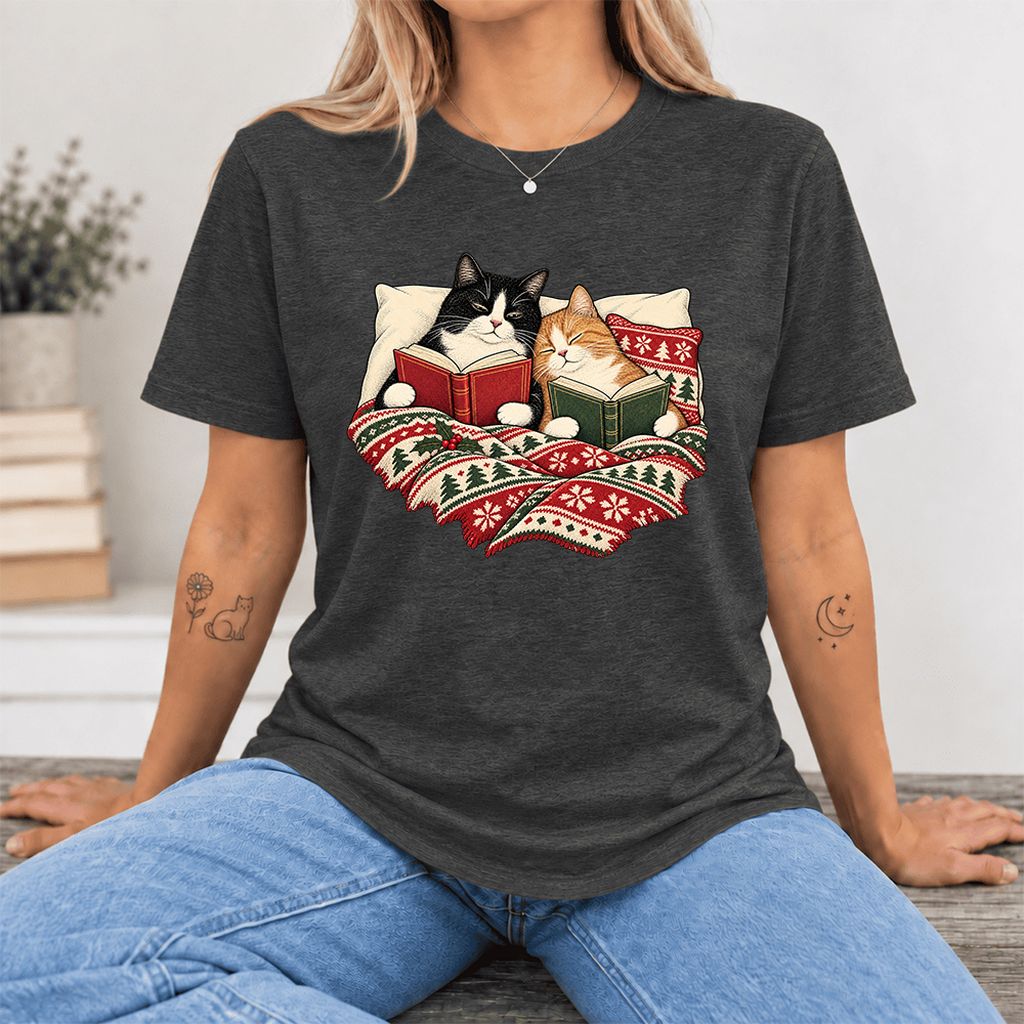 Cozy Cats Reading Christmas Ultra-Soft Cotton T-Shirt | Christmas Reader Gift Dark Grey Heather