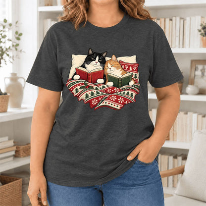 Cozy Cats Reading Christmas Ultra-Soft Cotton T-Shirt | Christmas Reader Gift Dark Grey Heather
