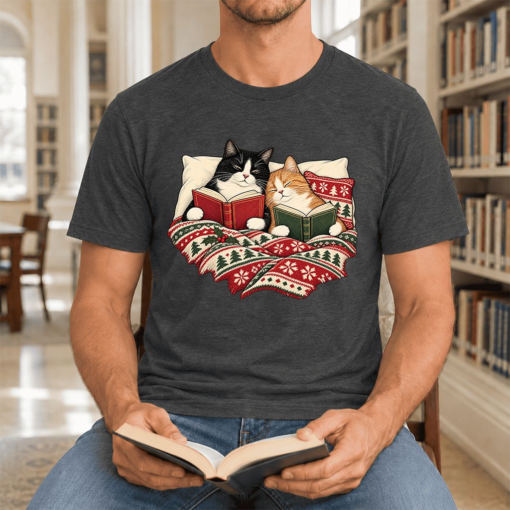 Cozy Cats Reading Christmas Ultra-Soft Cotton T-Shirt | Christmas Reader Gift Dark Grey Heather