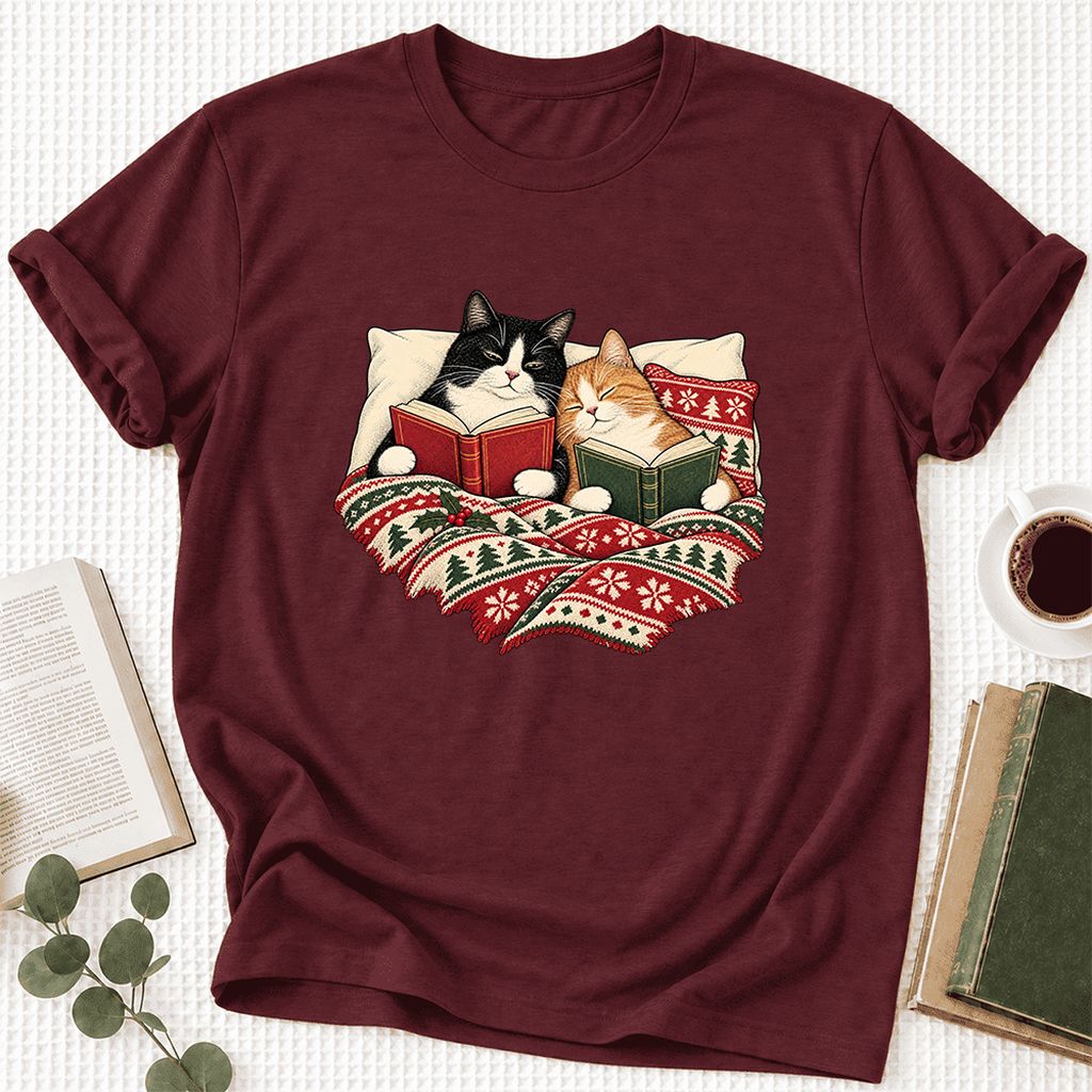 Cozy Cats Reading Christmas Ultra-Soft Cotton T-Shirt | Christmas Reader Gift Maroon
