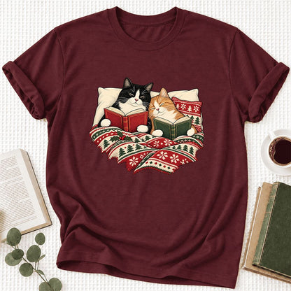 Cozy Cats Reading Christmas Ultra-Soft Cotton T-Shirt | Christmas Reader Gift Maroon
