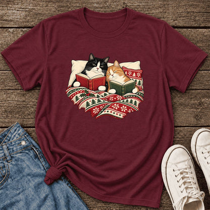 Cozy Cats Reading Christmas Ultra-Soft Cotton T-Shirt | Christmas Reader Gift Maroon