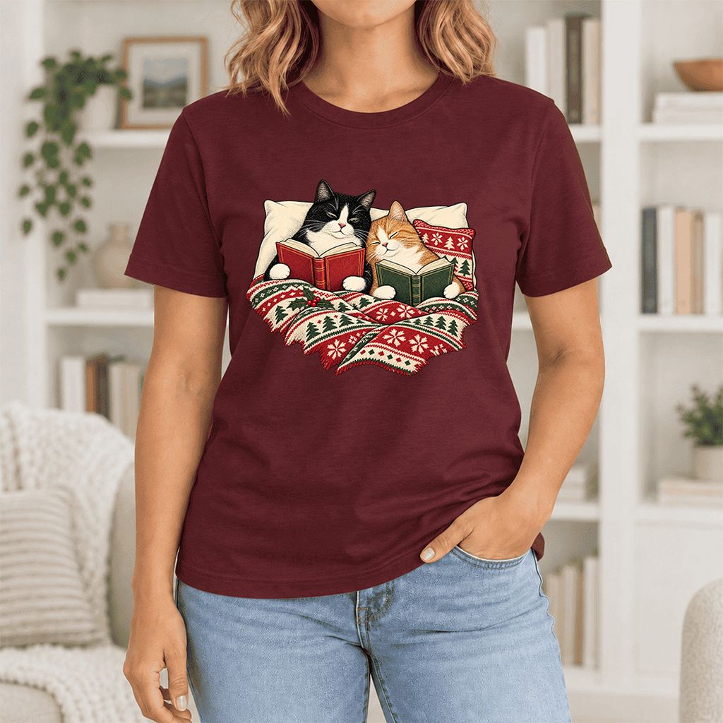 Cozy Cats Reading Christmas Ultra-Soft Cotton T-Shirt | Christmas Reader Gift Maroon
