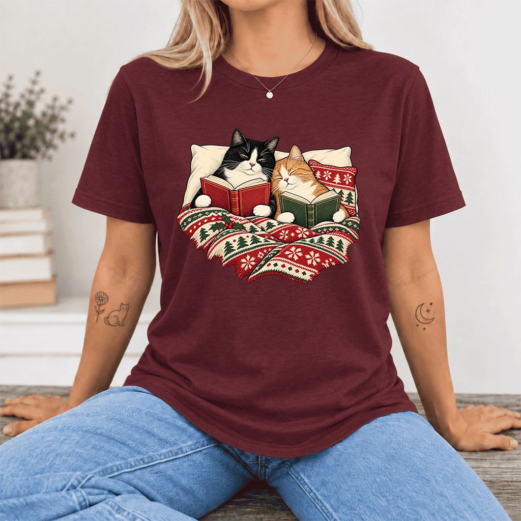 Cozy Cats Reading Christmas Ultra-Soft Cotton T-Shirt | Christmas Reader Gift Maroon