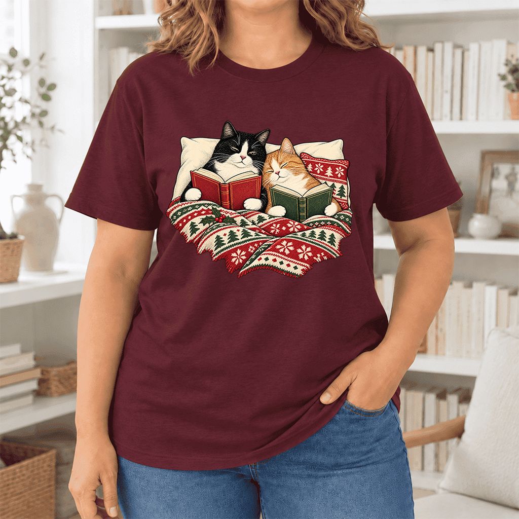 Cozy Cats Reading Christmas Ultra-Soft Cotton T-Shirt | Christmas Reader Gift Maroon