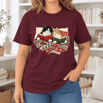 Cozy Cats Reading Christmas Ultra-Soft Cotton T-Shirt | Christmas Reader Gift Maroon